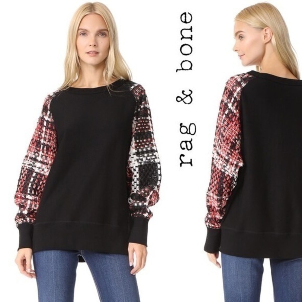 rag & bone Racer X Linton Black Red Plaid Tweed Sleeve Sweatshirt XXS-XS